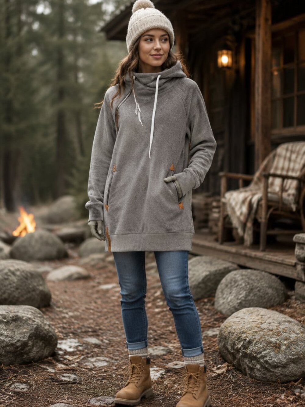 Zanzea Gray Cowl Hood Asymmetrical Zip Tunic Sweatshirt XXL